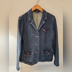 Vtg Denim Jean Jacket Blazer Womens Medium Wash 3 Button Pockets Y2k Fitted XL